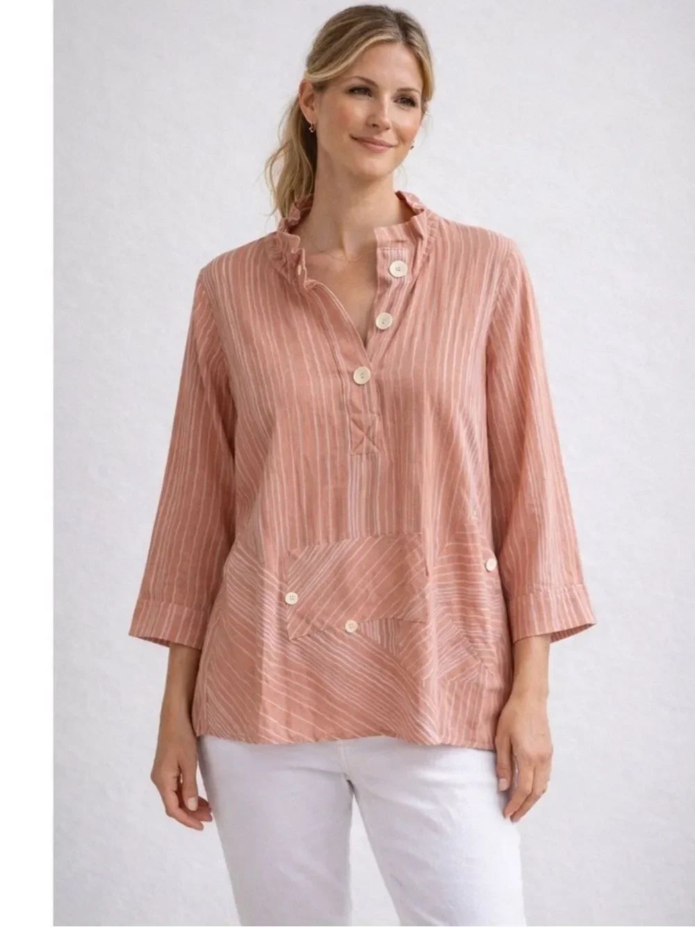John Mark Light Pink Striped Popover Tunic Blouse Womens Medium